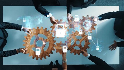 A team of business professionals collaborates on a cybersecurity strategy, showcasing digital locks and gears, emphasizing modern protection for sensitive information. Raster - Powered by Adobe