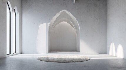 Light-filled, arched interior space with a rug.