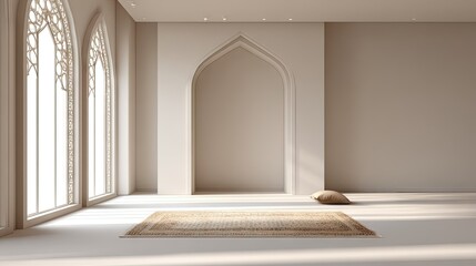 Elegant prayer room with arched windows and a prayer rug.
