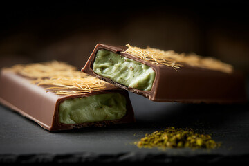 A photorealistic image of a viral food trend. An artisanal chocolate bar with a visible filling of green pistachio paste and crunchy shredded phyllo (kataifi).