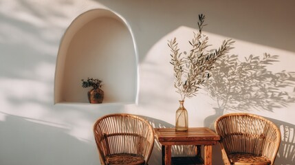 Sunlight streams into a cozy corner with a wooden table and wicker chairs.