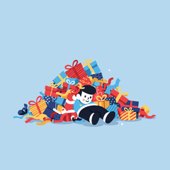 Overwhelmed by Gifts A Festive Illustration of a Person Buried in Presents, Holiday Joy
