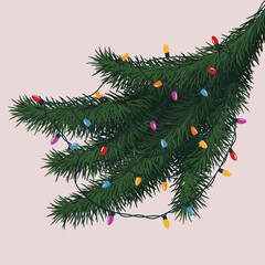 Festive evergreen branch adorned with a string of colorful Christmas lights, evoking the joyous spirit of the holiday season and winter celebrations with a vibrant glow