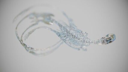 A human skeleton made of glass or crystal bends in the shape of an infinity sign, soft and plastic like jelly. Visual absurdity, surrealism and a combination of incongruous contrasts, 3D visualization