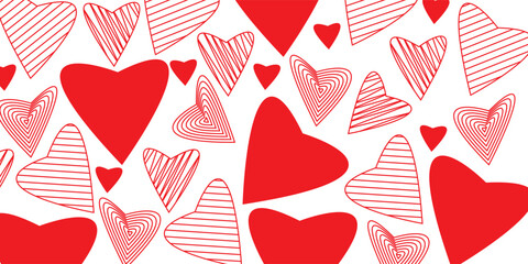 Illustration of several red hearts, some filled and some drawn with lines, on a white background