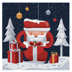 Santa Claus Unwrapping a Large Gift Box Amidst a Winter Wonderland with Snow-Covered Trees and Festive Ornaments