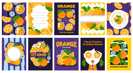 Set of Orange Fruit Posters. Creative Citrus Designs with Patterns, Frames, Lettering, and Girl Illustrations