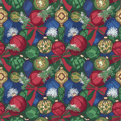Classic Christmas Ornament Seamless Pattern with Festive Baubles, Red Bows, and Green Pine Branches, Ideal for Holiday Backgrounds and Seasonal Decorations