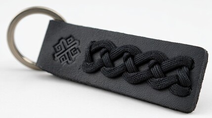 Black leather keychain with intricate braided design.