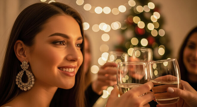 Smiling woman toasting with champagne glasses amidst festive Christmas lights and a joyful holiday celebration