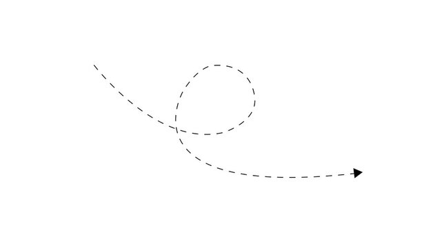 Long dotted line arrow animation to indicate an object. arrow animation following wavy dotted line. target arrow icon on white background.