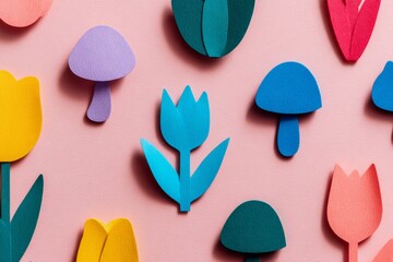 In a field, beautiful pink blooming flowers take center stage in a creative flat lay illustration concept, beautifully set against a gentle pastel blue background