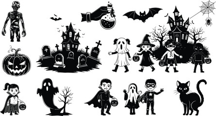 Halloween graveyard scene, spooky zombie illustration, haunted house vector, trick or treat kids, bats and ghosts, cad drawing flat vector illustration