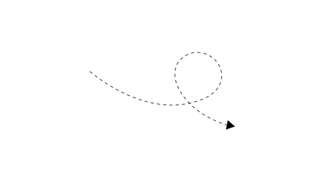Long dotted line arrow animation to indicate an object. arrow animation following wavy dotted line. target arrow icon on white background.
