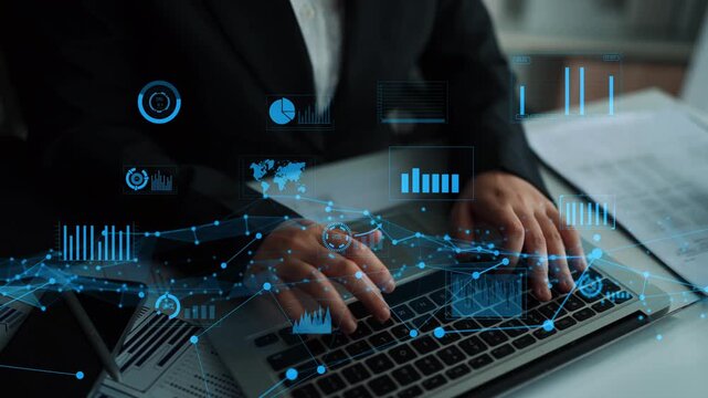 A business professional engages in data analysis using a laptop, surrounded by digital graphs and charts that illustrate global insights in a contemporary office setting. Xenic - Powered by Adobe