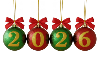 Christmas baubles with year 2026, festive holiday celebration isolated on transparent background