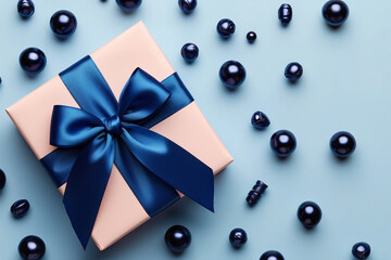 Beautifully wrapped gift box with deep blue satin ribbon surrounded by shiny dark beads creating a sophisticated and luxurious presentation
