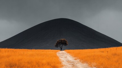 A solitary tree stands on a path through a field of golden grass beneath a dark hill.