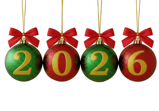 Christmas baubles with year 2026, festive holiday celebration isolated on transparent background