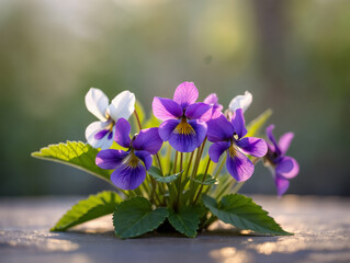 Delicate Viola Flowers in Purple and White Tones with Soft Sunlight and Bokeh Background Serene Floral Arrangement