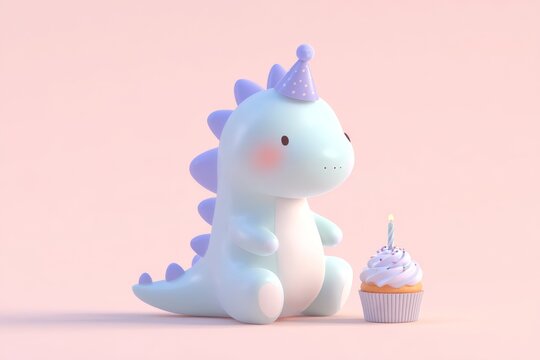 A cute dinosaur wearing a birthday hat is placed next to a muffin with a lit candle, on a simple background that allows for the addition of text, making it perfect for greeting cards or invitations