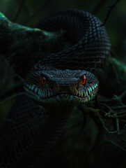 Intense viper portrait with striking red eyes in its natural habitat under dark and muted conditions