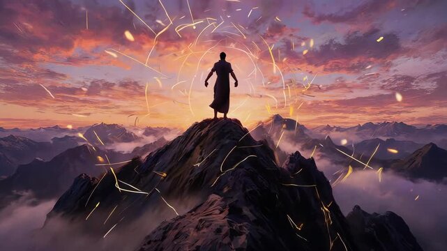 Epic Fantasy Hero Standing on a Mountain Peak at Sunset.