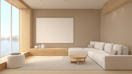 Modern, minimalist living room interior design.