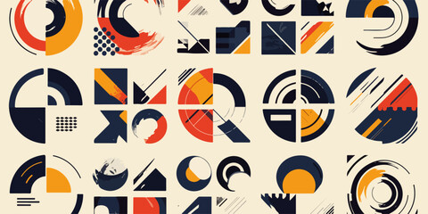 Patr&oacute;n abstracto vectorial con formas geom&eacute;tricas y l&iacute;neas en colores tierra y azul marino.