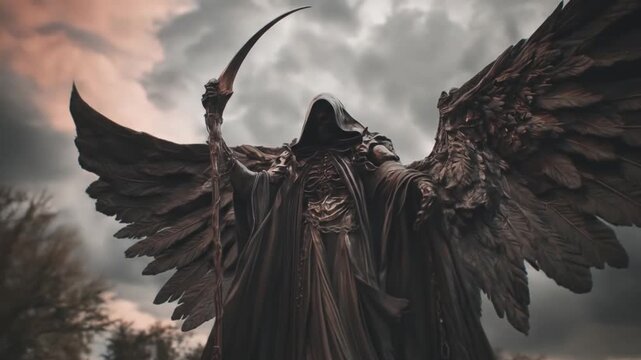 Dark, hooded angel with vast, tattered wings raises a curved scythe beneath stormy skies. at dusk!!!