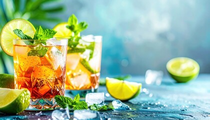 Tropical themed cocktail event featuring refreshing summer drinks with gin tequila vodka lime mint and ice 
