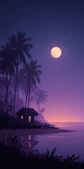 A beach with a tropical atmosphere, characterized by its purple hue, features a small house near the water's edge, accompanied by palm trees and a mountain range in the distance, all set beneath a