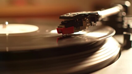 Closeup of a vintage vinyl record spinning on a turntable with the needle gently resting in the grooves evoking a sense of nostalgia and classic audio experience 1. - Powered by Adobe