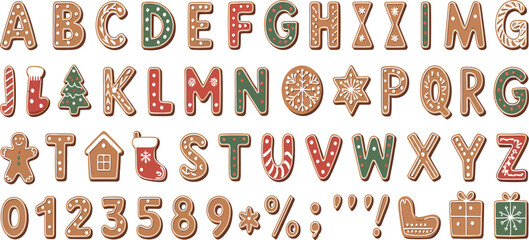 gingerbread holidays cookies alphabet font, cute vector cartoon illustration, perfect for Christmas typography, festive decoration, bakery logo, holiday cards, and winter celebration design projects.