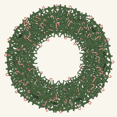 Festive Christmas Wreath Illustration A Circular Display of Greenery and Candy Canes, Holiday Decor