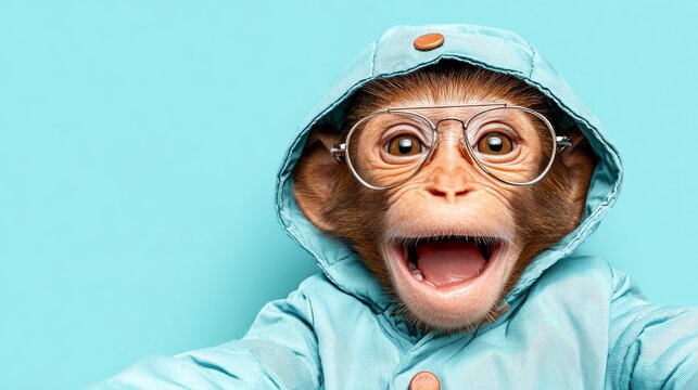 A monkey is taking a selfie while dressed in a stylish summer blazer and a colorful shirt, embodying the persona of a true influencer