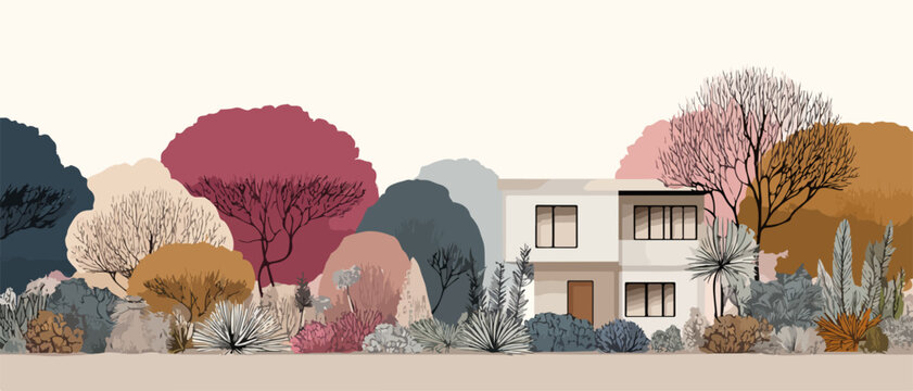 Casa moderna rodeada de &aacute;rboles estilizados y arbustos en una paleta de colores oto&ntilde;ales.