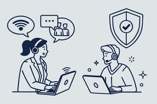 Two people in headsets working on laptops, one with Wi-Fi and chat bubbles, the other with a security shield icon.