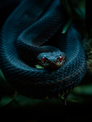 Venomous snake with vibrant red eyes coiled in a shadowy natural environment portrait
