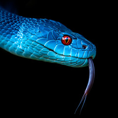 Vibrant blue snake with striking red eyes and forked tongue emerging against a dark backdrop close up wildlife photography