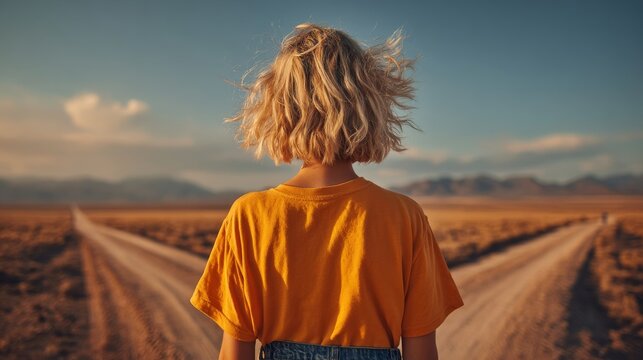 A business woman stands before two roads, contemplating her decision and wishing for the courage to take a chance