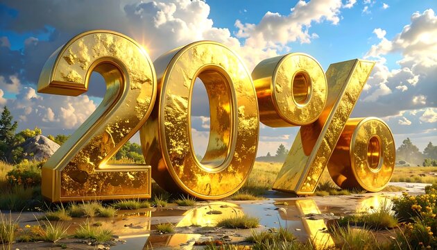 A shimmering gold numeral "20%" against a lush, grassy field, with bright sunshine and cloudy skies. Tiny reflections on the wet ground