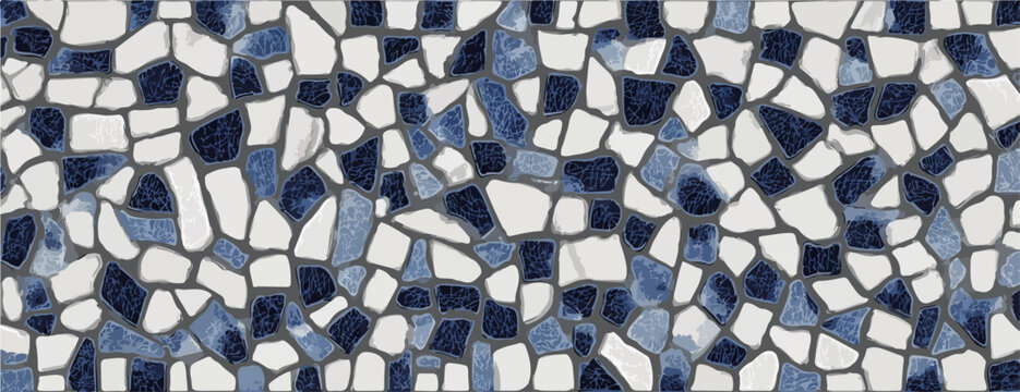 Patr&oacute;n de mosaico abstracto con teselas irregulares en tonos azules y blancos.