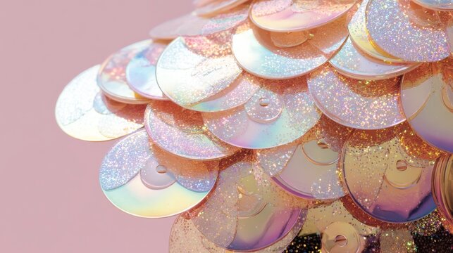 The fabric features a sequined iridescent texture and is adorned with paillettes