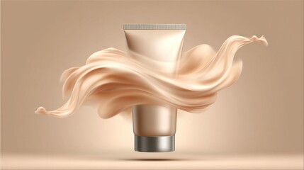 A soft beige fluid texture serves as the background for a floating cosmetic tube, which is often utilized in the presentation of creams, lotions, and beauty products