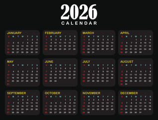 Black and white white golden color combine vector calendar 2026 design
