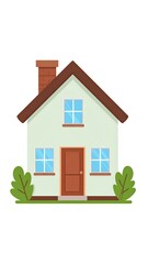 A simple, cartoon-style depiction of a two-story house. Features a brown roof, chimney, door, and blue-framed windows with greenery