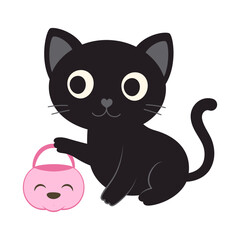 halloween card with black cat character and pumpkin shaped basket, cartoon vector illustration