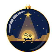 Baby Jesus lying in simple wooden manger, wrapped in cloth, starry night sky on Christmas ornament ball. Isolated illustration on transparent background with golden and dark blue colors