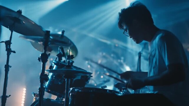 Drummer under electric blue stage lights drives a punchy kit, silhouetted intensely onstage tonight